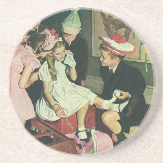 ヴィンテージ誕生日パーティー、ロバに尾をピン留めする コースター (正面)