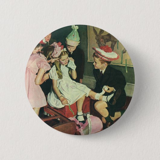 ヴィンテージ誕生日パーティー、ロバに尾をピン留めする 缶バッジ (正面)