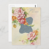 ヴィンテージ誕生日ピンクローズ ポストカード (正面/裏面)
