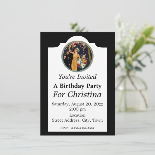 ヴィンテージ誕生日レディーピックピンクのさくらんぼの花 招待状 (スタンド正面)