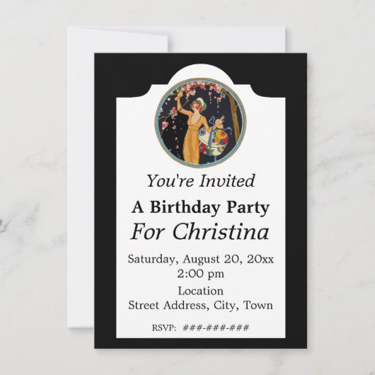 ヴィンテージ誕生日レディーピックピンクのさくらんぼの花 招待状 (正面)