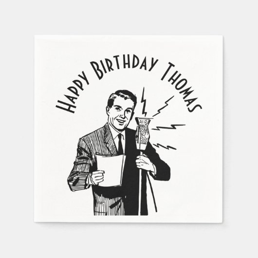 ヴィンテージ誕生日無線アナウンサー スタンダードカクテルナプキン (正面)