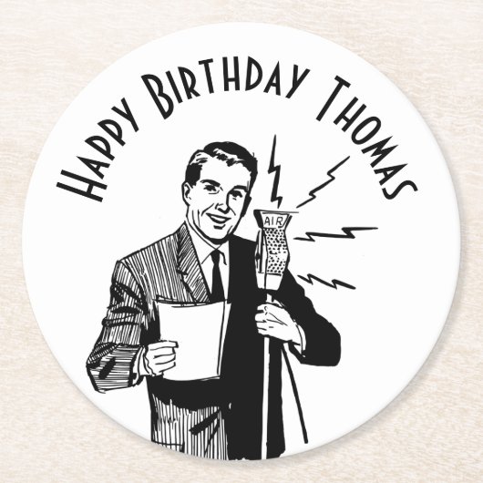 ヴィンテージ誕生日無線アナウンサー ラウンドペーパーコースター (正面)
