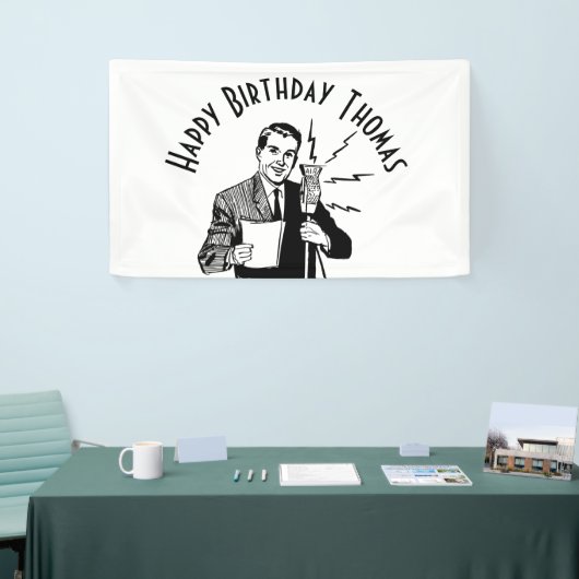ヴィンテージ誕生日無線アナウンサー 横断幕 (トレードショー)