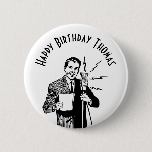 ヴィンテージ誕生日無線アナウンサー 缶バッジ (正面)