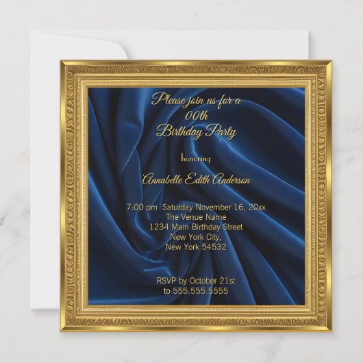 ヴィンテージ誕生日金ゴールドフレームブルージュエルボックス 招待状 (裏面)