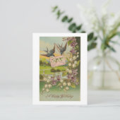 ヴィンテージ誕生日鳥紫の花 ポストカード (スタンド正面)