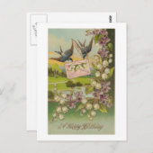 ヴィンテージ誕生日鳥紫の花 ポストカード (正面/裏面)