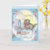 ヴィンテージ誕生日 – キッテン&刺繍糸 カード (黄色い花)