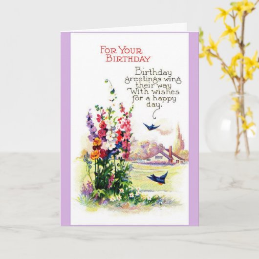 ヴィンテージ誕生日 – 鳥が挨拶をする カード (黄色い花)