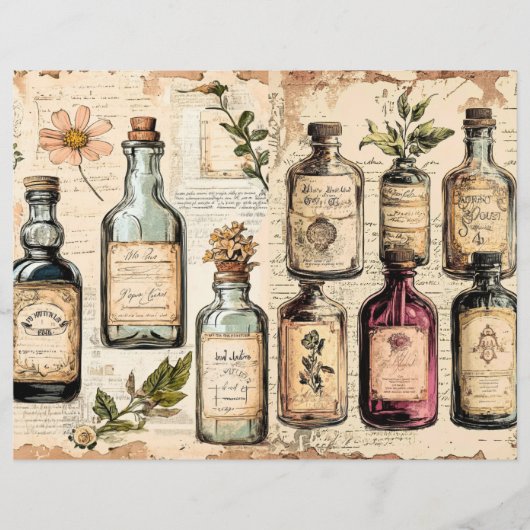 ヴィンテージ調薬局の花を飾ったジャンクジャーナルペーパー (正面)