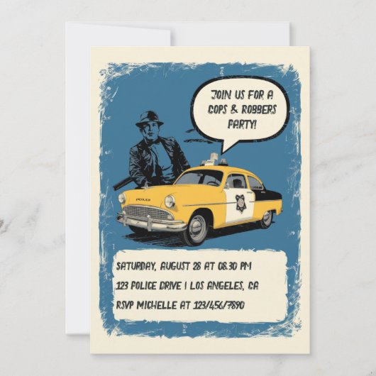 ヴィンテージ警官と強盗をテーマにしたパーティー 招待状 (正面)
