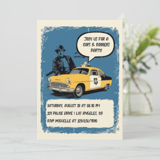 ヴィンテージ警官と強盗をテーマにしたパーティー 招待状 (スタンド正面)