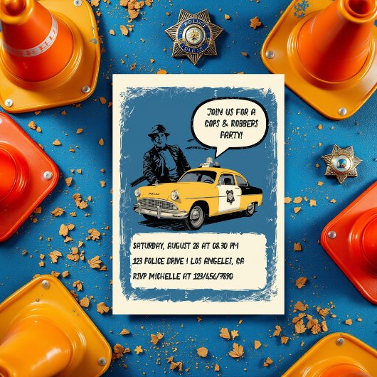 ヴィンテージ警官と強盗をテーマにしたパーティー 招待状