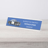 ヴィンテージ警察の車の白黒パーソナライズされた デスクネームプレート (正面)