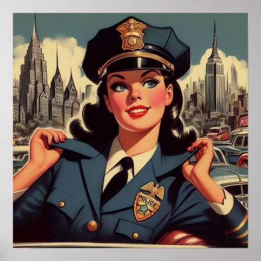 ヴィンテージ警察ガールイラストレーション ポスター (正面)