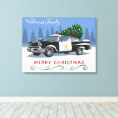 ヴィンテージ警察車メリークリスマスモノグラム名 キャンバスプリント (インサイチュ (ウッドフロア))