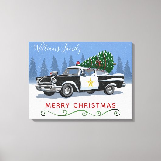 ヴィンテージ警察車メリークリスマスモノグラム名 キャンバスプリント (正面)