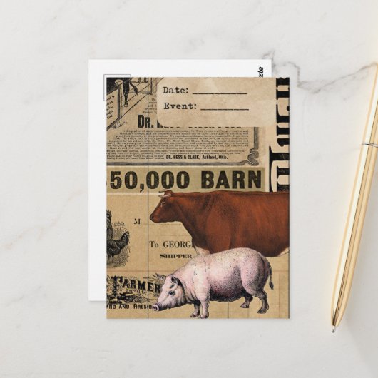 ヴィンテージ豚と牛のコラージュ ポストカード (正面/裏面インサイチュ)