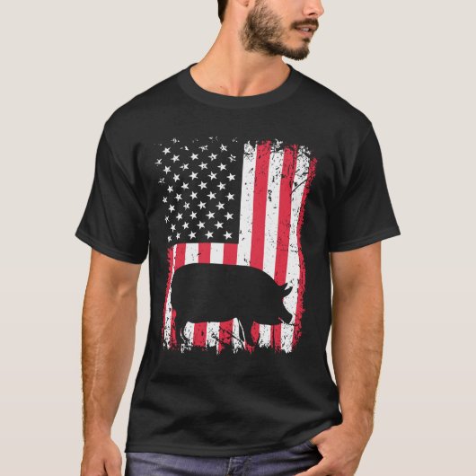 ヴィンテージ豚アメリカ国旗の動物の恋人ズーキーパー Tシャツ (正面)