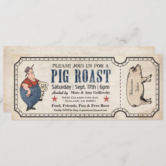 ヴィンテージ豚ローストチケット招待状 招待状 (正面/裏面)