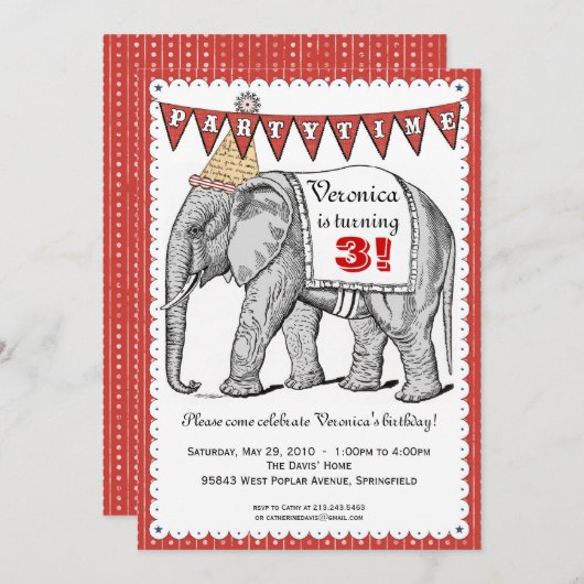 ヴィンテージ象のサーカスパレードの招待状-赤 招待状 (正面/裏面)