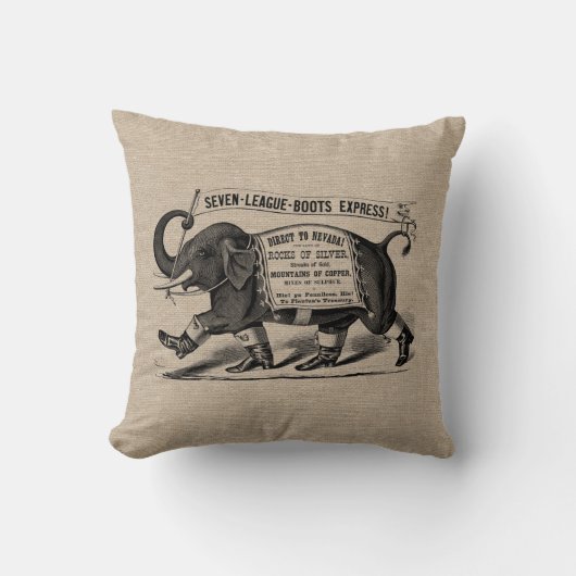 ヴィンテージ象のビクトリアンな広告のバーラップの麻布のジュート クッション (正面)