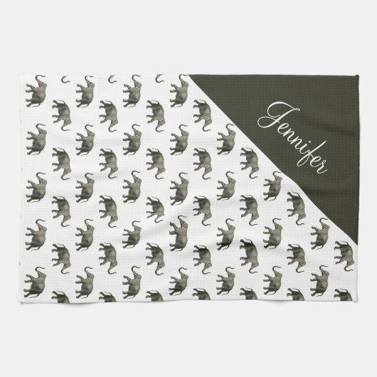 ヴィンテージ象パターン名前をカスタムする キッチンタオル (横)