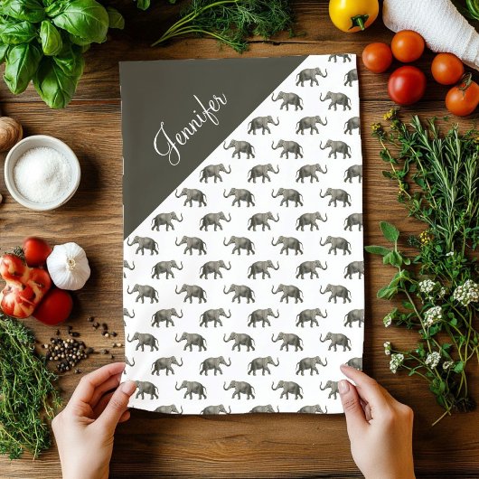 ヴィンテージ象パターン名前をカスタムする キッチンタオル