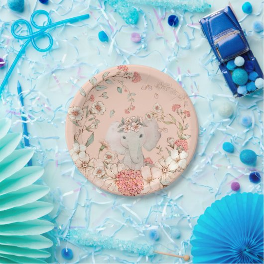 ヴィンテージ象花模様ピーチガールベビーシャワー ペーパープレート (パーティー)