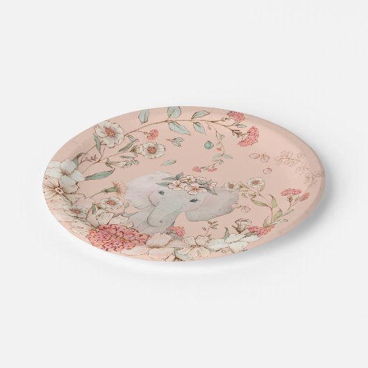 ヴィンテージ象花模様ピーチガールベビーシャワー ペーパープレート (アングル)