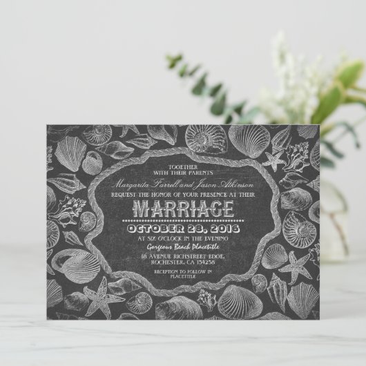 ヴィンテージ貝類ブラックビーチ結婚式招待状 招待状 (スタンド正面)