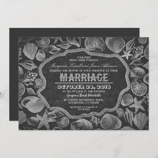 ヴィンテージ貝類ブラックビーチ結婚式招待状 招待状 (正面/裏面)