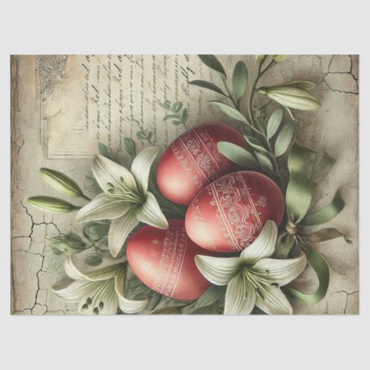ヴィンテージ赤いイースターの卵とユリの花 薄葉紙 (正面)