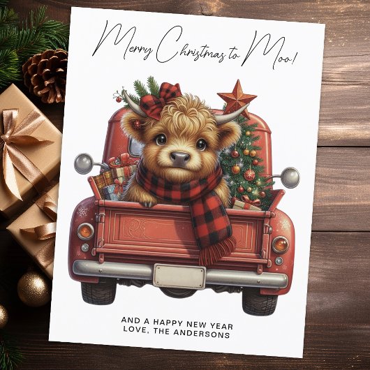 ヴィンテージ赤いトラックのクリスマス ハイランドコウ