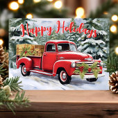 ヴィンテージ赤いトラックの雪の森のクリスマス シーズンカード