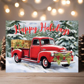 ヴィンテージ赤いトラックの雪の森のクリスマス シーズンカード