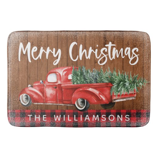 ヴィンテージ赤いトラックは陽気なクリスマスの名前 バスマット (正面)