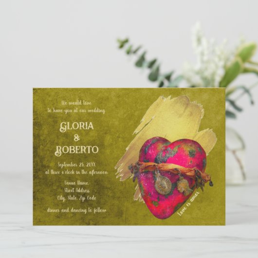 ヴィンテージ赤いハートメ結婚キシカン 招待状 (スタンド正面)