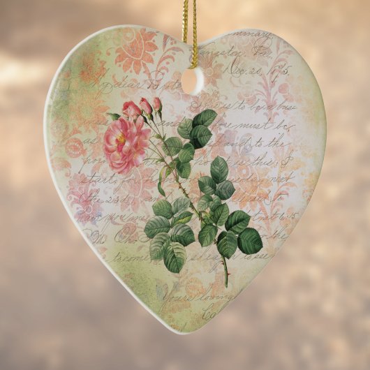 ヴィンテージ赤いバラがピンクのダンマスクに手書き付き セラミックオーナメント