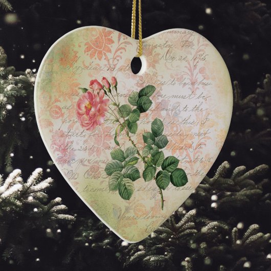 ヴィンテージ赤いバラがピンクのダンマスクに手書き付き セラミックオーナメント