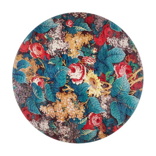 ヴィンテージ赤いバラと薄紫の花柄 カッティングボード (正面)