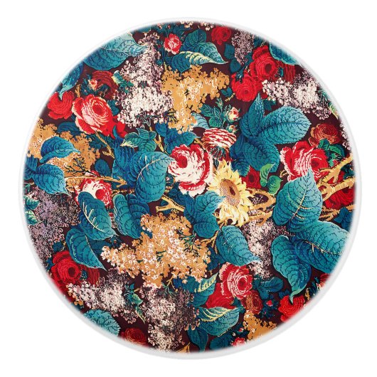 ヴィンテージ赤いバラと薄紫の花柄 セラミックノブ (正面)