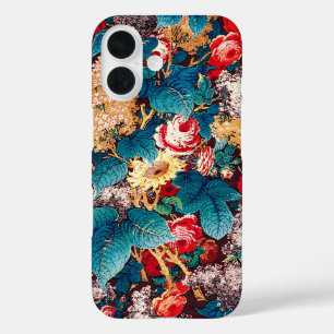 ヴィンテージ赤いバラと薄紫の花柄 iPhone 16ケース