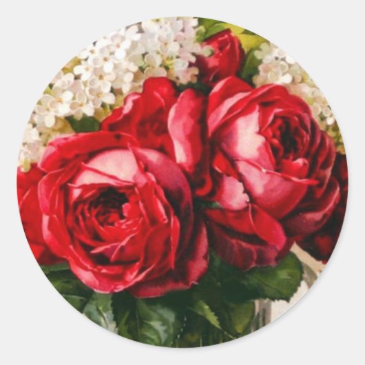 ヴィンテージ赤いバラと赤ちゃんの息 ラウンドシール (正面)