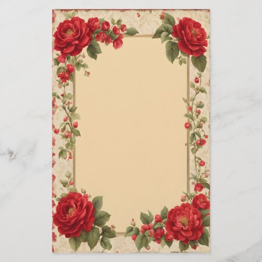 ヴィンテージ赤いバラと金ゴールドフレーム 便箋 (正面)