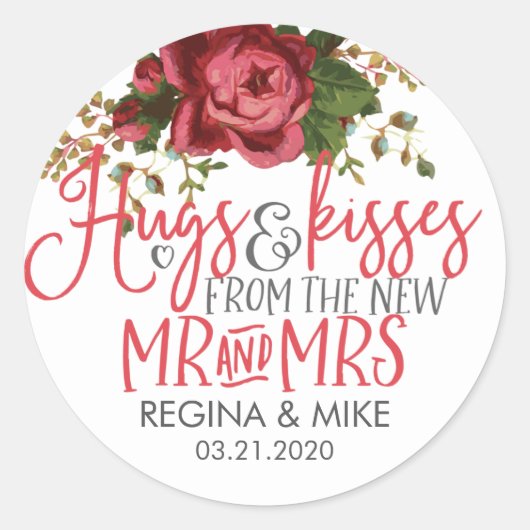 ヴィンテージ赤いバラのハグとキスの新人夫妻。 ラウンドシール (正面)