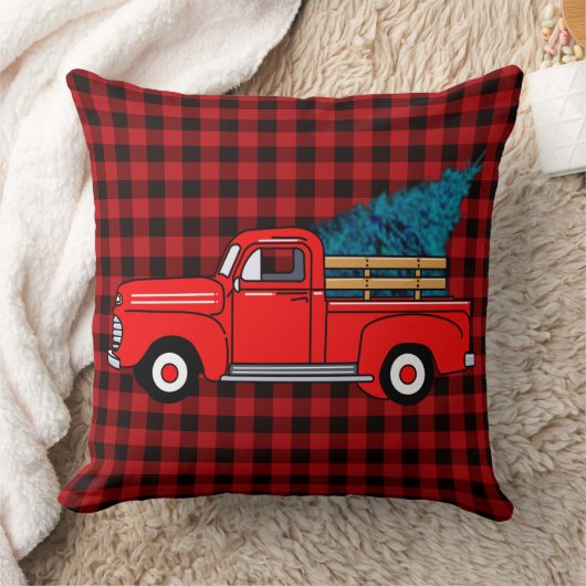 ヴィンテージ赤いピックアップトラック、バッファローのプレイド、休日 クッション (ブランケット)