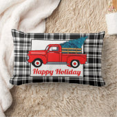ヴィンテージ赤いピックアップトラック、松の木、休日おもしろい ランバークッション (ブランケット)