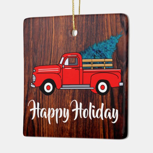 ヴィンテージ赤いピックアップトラック、素朴な木のパターン セラミックオーナメント (左)